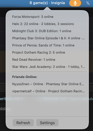 Insignia Menubar popover showing games with online counts, lobbies, and friends online